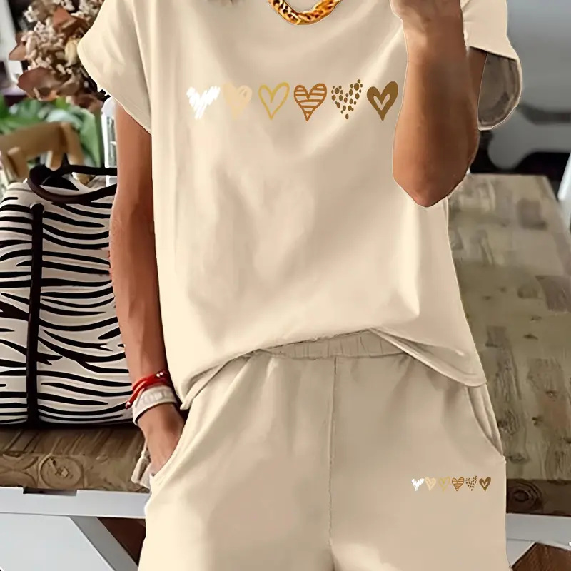 Two-Piece Set Matching Women's Heart Print Tee & Shorts Outfit, Clothing Sets, Casual Fitted Short Sleeve Crewneck T-shirt & Skinny Shorts, Ladies Summer Clothes for Daily Wear Top