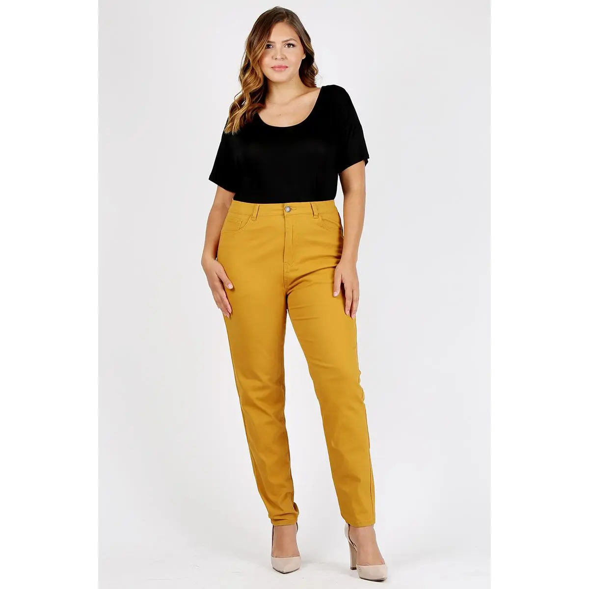 Emperial Premium Women Plus Size Mustard Twill Pants - 13" High Waist, 30"-31" Inseam, 97% Cotton 3% Spandex, Everyday Comfort 5 Pockets Classic - Fabric, Womenswear