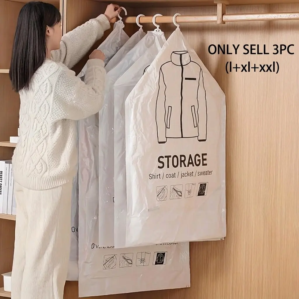 3 pieces of hanging vacuum storage bags, space-saving vacuum-sealed wardrobe storage bags, thickened long-sized storage bags, suitable for wardrobe storage, suits, dresses, hanging vacuum storage bags with hooks, Dust Cover
