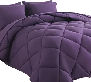Bed in a Bag  Comforter Sets 7 count All Season Solid Down Alternative Bedding Sets Purple with Comforter, Pillow Shams, Flat Sheet, Fitted Sheet and Pillowcases