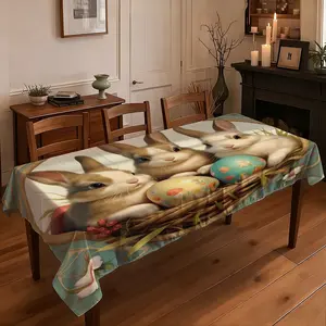 JIT+1pcs 2D flat printed tablecloth  Easter Themed Tablecloth with Cute Rabbit & Painted Egg Print, Festive Decorative Fabric for Home Dining Table Setting