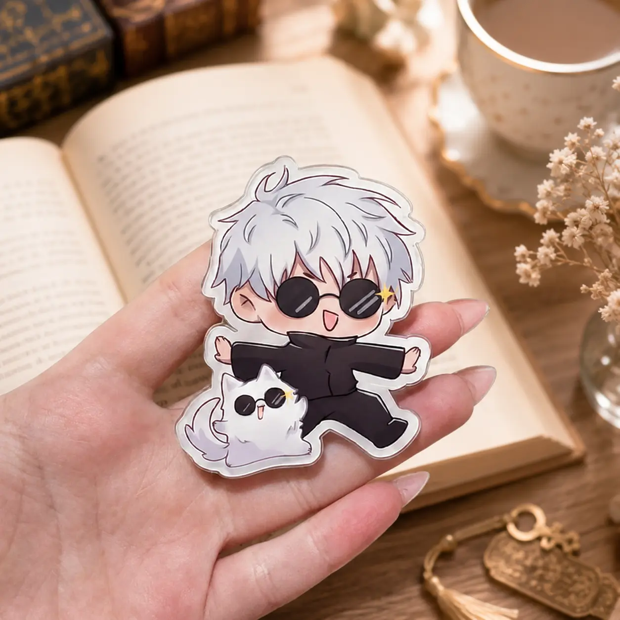 Chibi Anime Character With Pet Phone Grip Stand Cute Manga Style Expanding Holder For Smartphones E-Readers Trendy Aesthetic Accessory