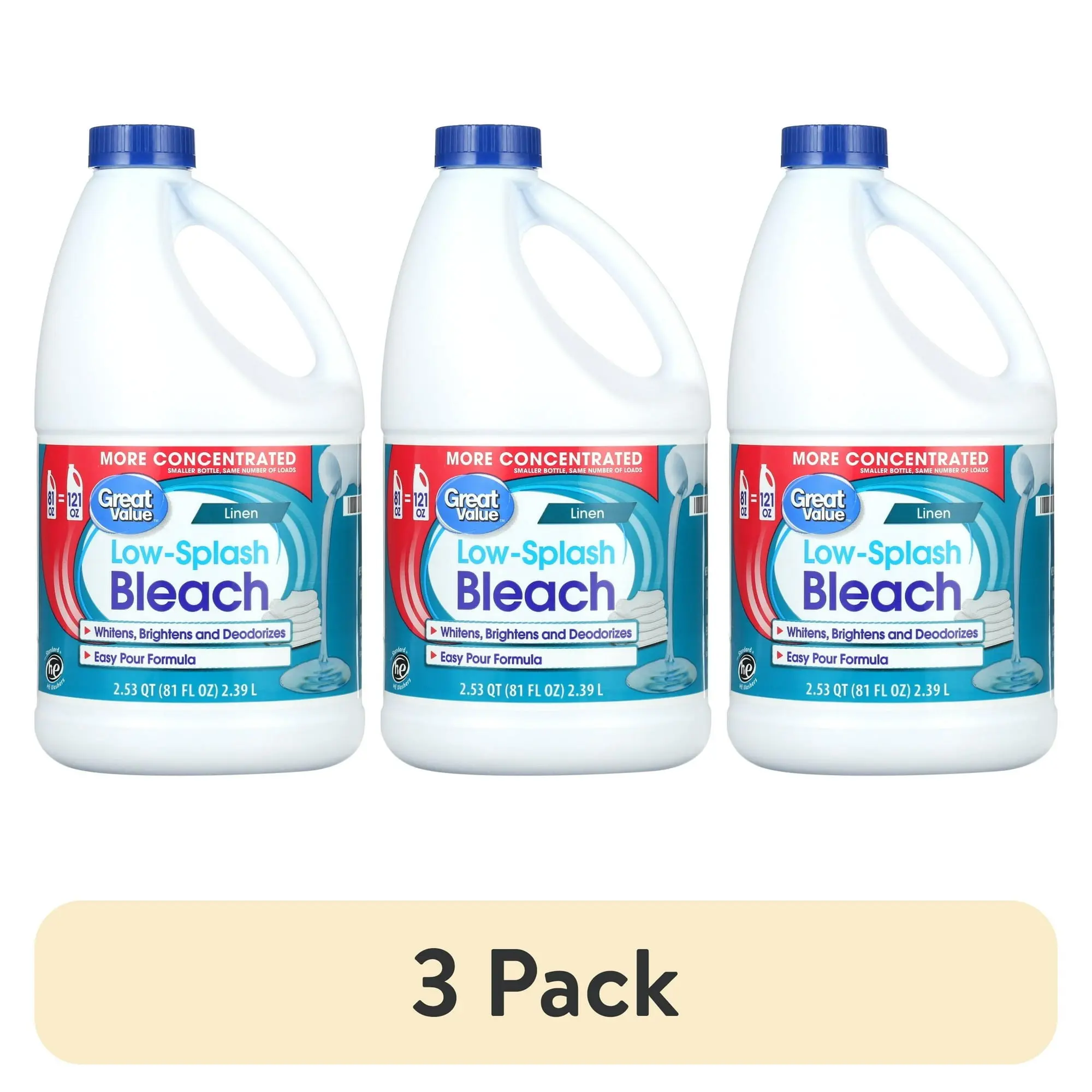 (3 pack) Great Value Low-Splash Bleach, Linen, 81 fl oz
