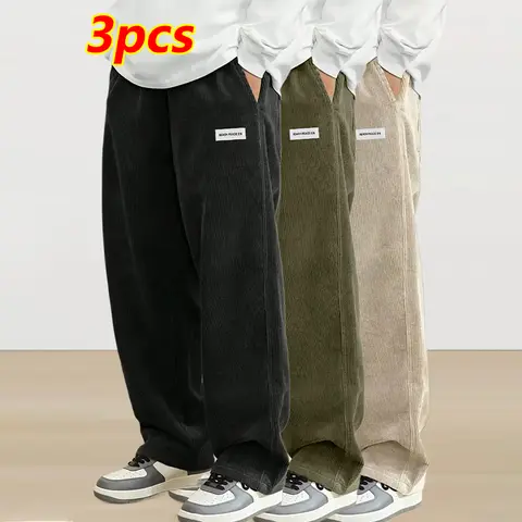 3-piece set of men's corduroy pants, retro texture casual long pants, regular waist circumference design, suitable for casual attire, straight-leg pant style, corduroy fabric, comfortable everyday wear, relaxed fit long pants.