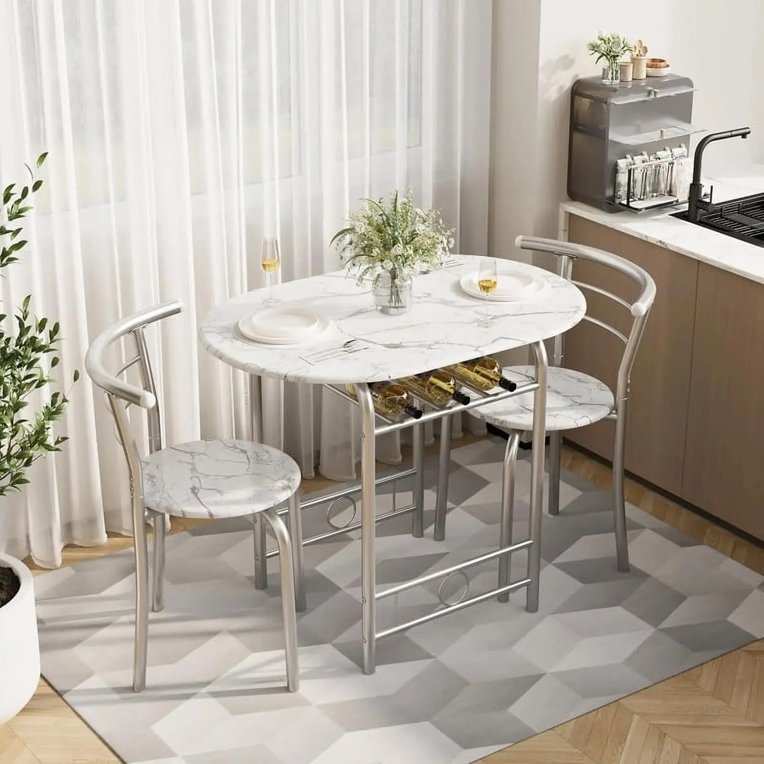 Furmax 3-Piece Dining Table Set for 2, Kitchen Breakfast Nook Set, 2 Chairs & Round Tabletop, Space Saving Wooden Furniture Metal Frame and Built-in Wine Rack, Marble White Indoor Furniture Set Dining Room Sets