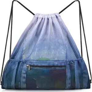 Grey Mesh Drawstring Backpack with Zipper Pocket - Perfect for Beach, Gym, and Kids' Storage