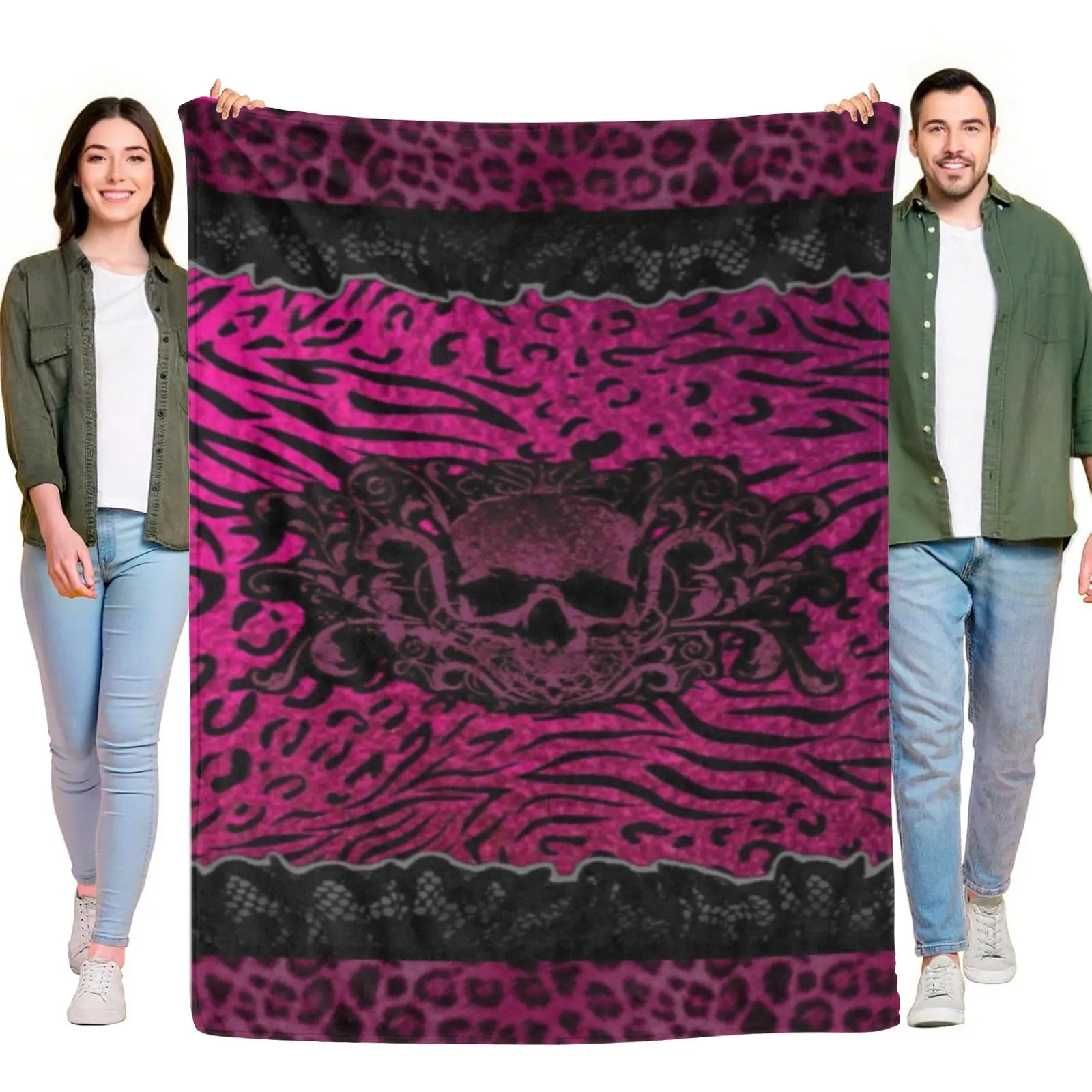 Vintage Gothic Flannel Blanket - Pink Zebra-Leopard Mix Print, Skull Graphic, Lace Border, Distressed Design, Soft Warm Throw Blanket for Sofa Bed, Daily Nap Gift for Gothic Style Enthusiasts, Blankets
