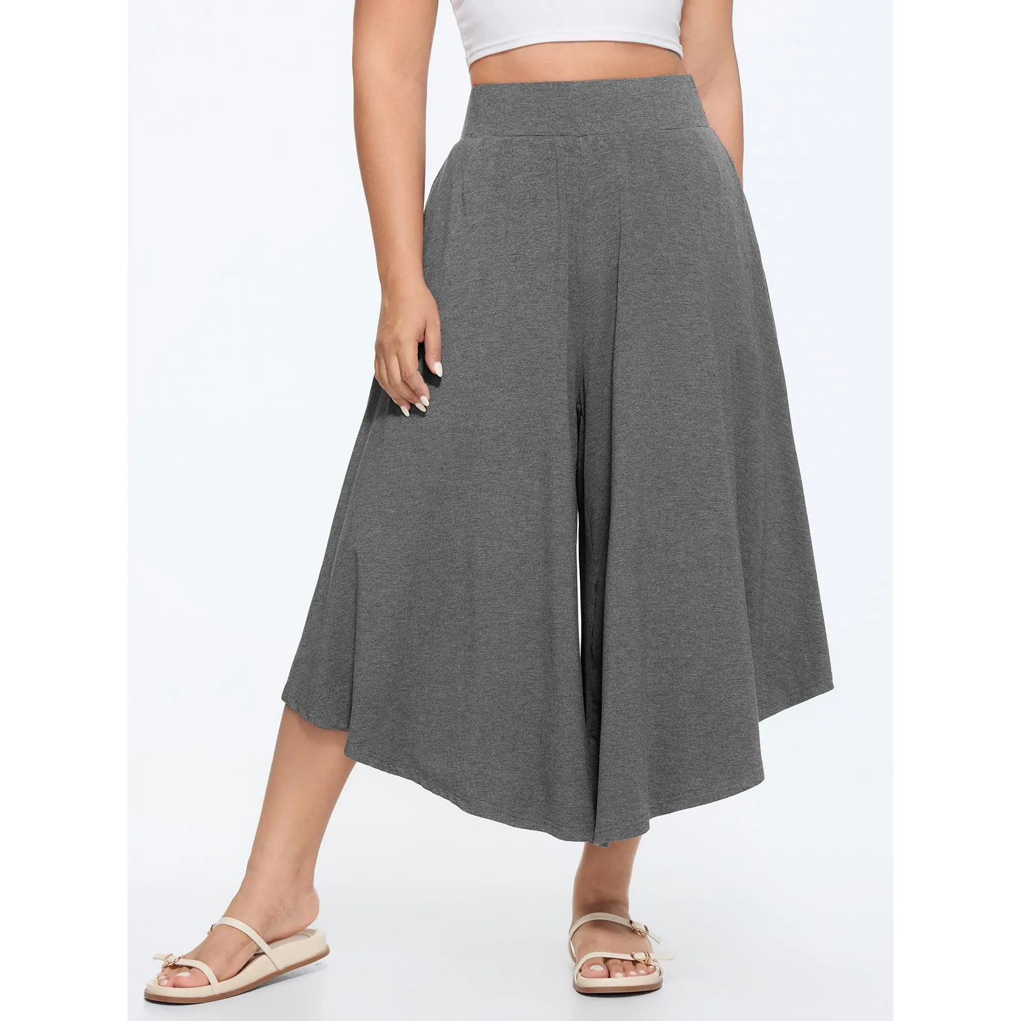 BloomChic Women's Plus Size Leisure Cropped Pants, Solid Modal Spandex with a Wide Waistband and Side Pockets, Garment,Summerfinds