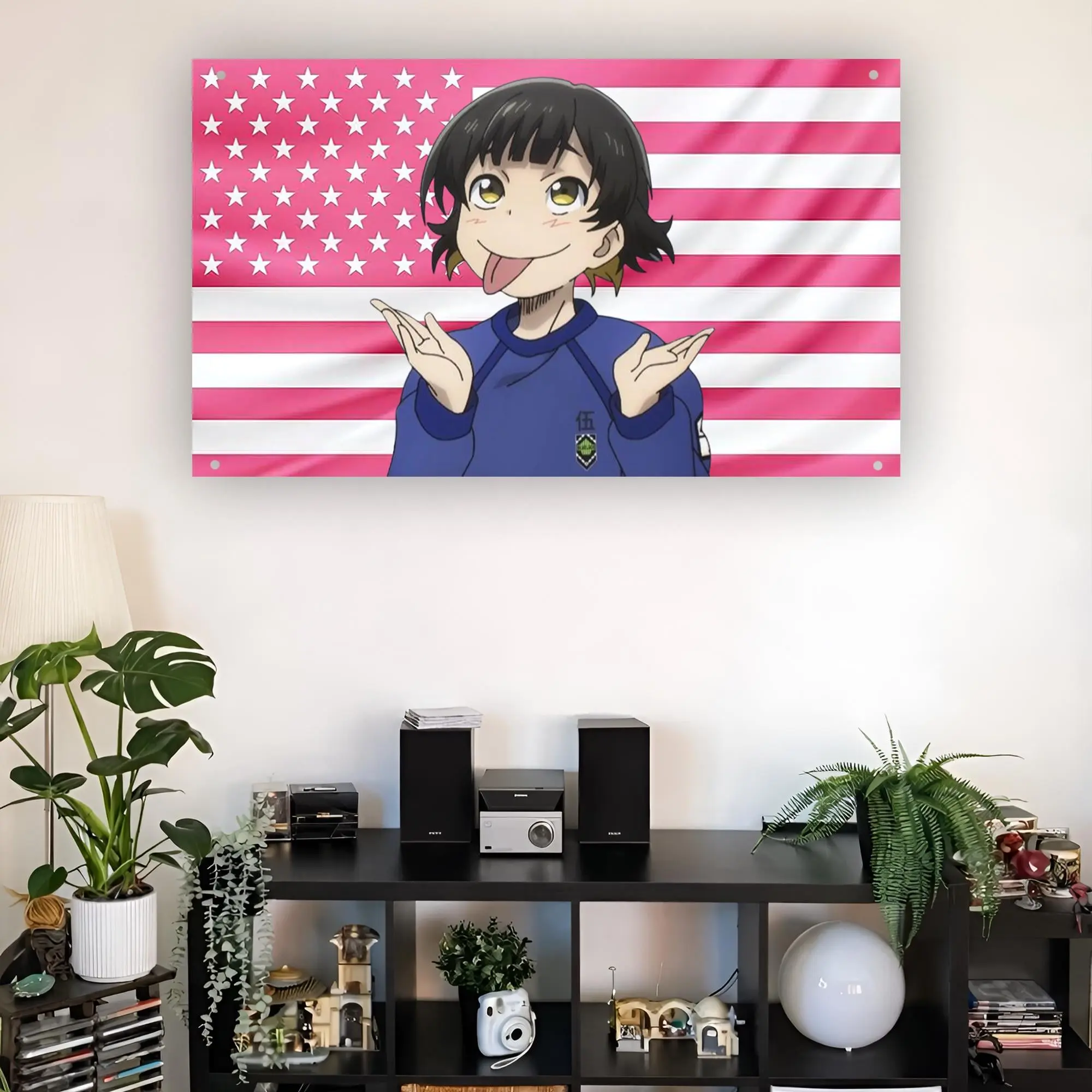 Bachira Meguru Pink USA Flag Blue Lock Anime Synthetic Tapestry - Polyester Fiber Anime Art Home Decor, Bedroom Headboard Wall Hanging with Hook Set, Gentle Wash Care, Durable Dorm Room Decor, Avoid Chlorine Bleach, Summerwins