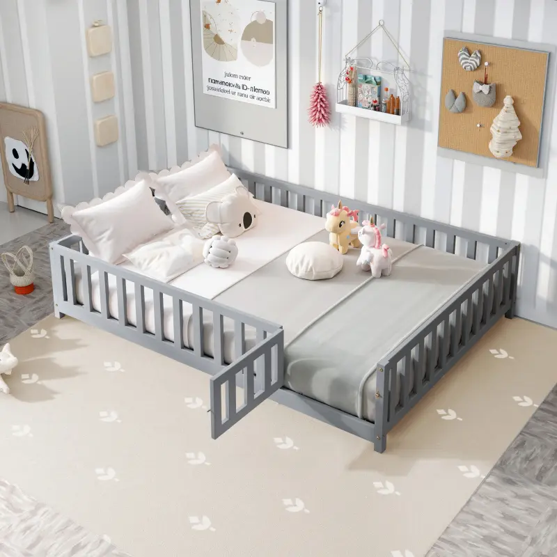 Full Size Floor Bed with Fence and Door, Floor Bed Frame with Support Slats, Wooden Floor Platform Bed with Slats