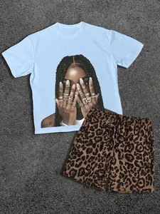 🖤✨Black Girl Magic Graphic Tee & Leopard Print Shorts Set | Streetwear Aesthetic Two-Piece Outfit | Retro Portrait Summer Casual Set