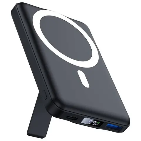 AOGUERBE Mag-Safe Card-Sized 10000mAh Power Bank - 15W Fast Charging Wireless Magnetic Charger for Mobile/Smartphone, 5000–10000 mAh, LED Display, Foldable Stand, Lightning Input, Type-C, Multi-Protection, Blue Travel Gadget (iPhone 16/15/14/13/12 Series)