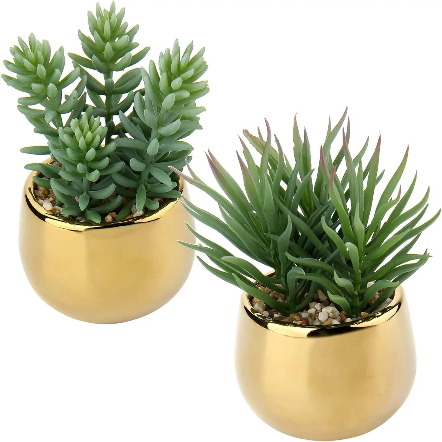 2-Pack Realistic Plastic Succulent Set - Decorative Mini Fake Ornaments in Gold Ceramic Pots for Table, Office, Living Room, Bathroom & Shelf Home Decor, Bathroom Plants