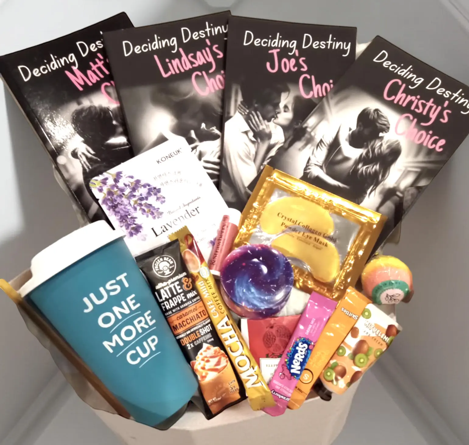 Steamy Contemporary Romance book box set, Four Paperback Books, Self Care Gift Box, Face Mask, Candle, Bath Bomb, Lotion, Lip Balm, Eye Mask