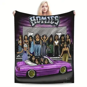 HOMIES Printed Flannel Blanket – Soft, Cozy, Multifunctional Cartoon Throw with Retro Anime Design, Lightweight & Durable for Sofa, Bed, Travel, Home Décor, Nap Blanket, Teen Room Accessory, Anime Merch, Kawaii Blanket, Cozy Gift, & Birthday Present large
