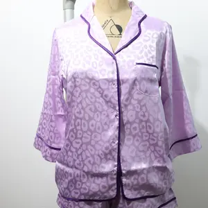 Women's Purple Leopard Print Satin Pajama Set with Pockets and Button Closure
