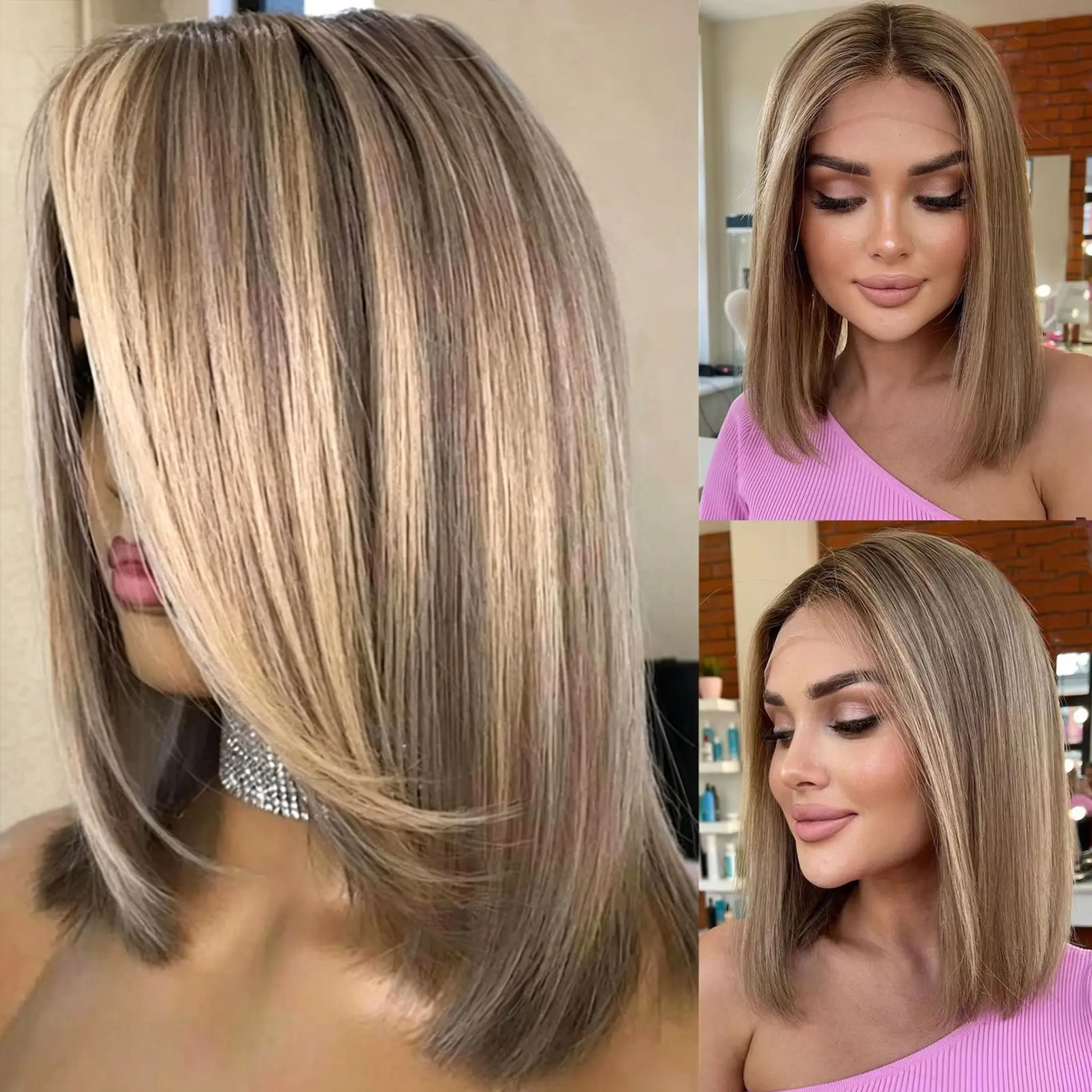 Brown Blonde Highlight Synthetic Lace Front Short Bob Wigs 13x3 Colored Straight Glueless Wig Dark Roots Blonde Wig For Women