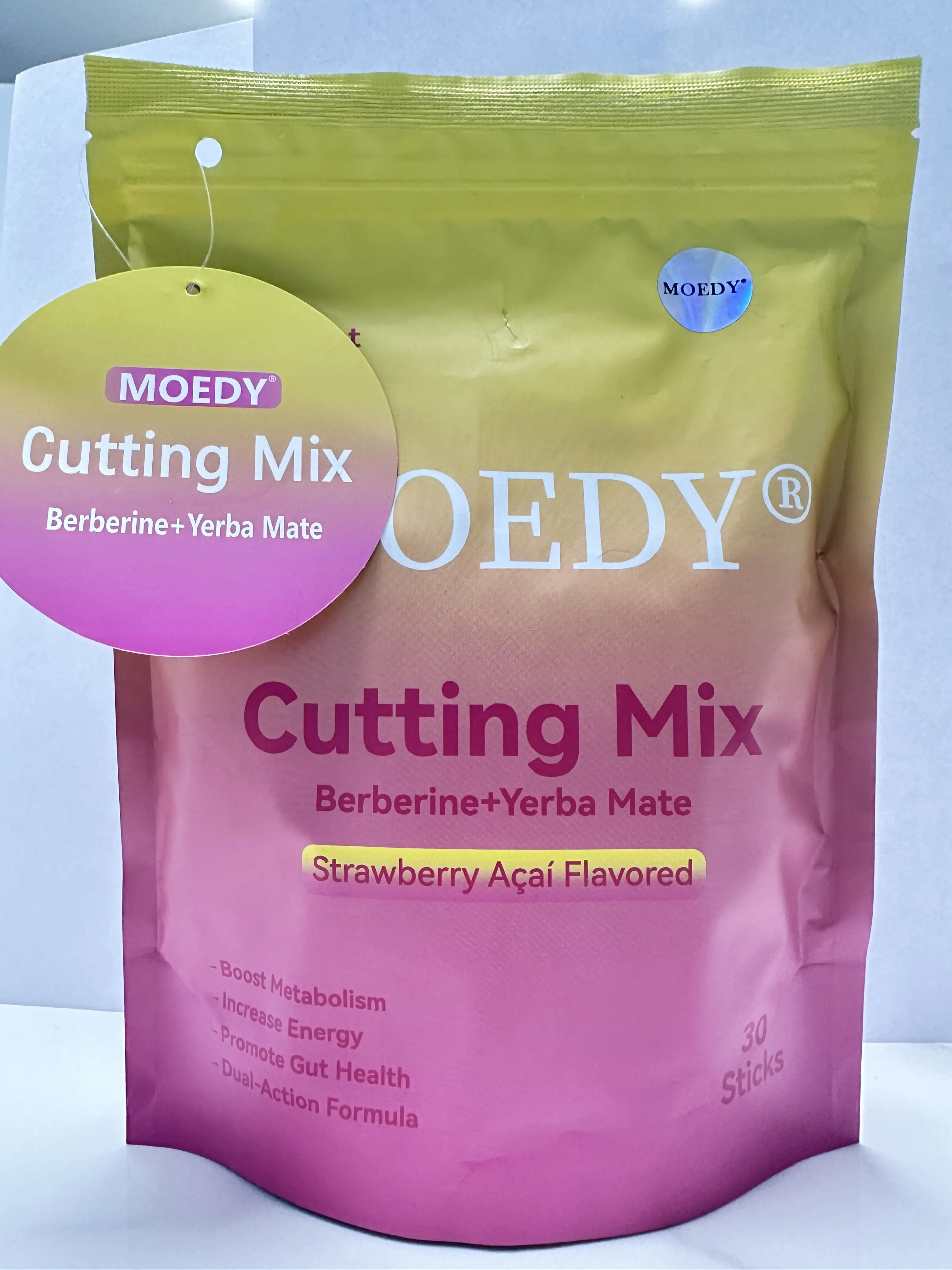 MOEDY Strawberry Acai Flavor Cutting Mix Drink - Berberine, Yerba Mate for Gym Goals, Metabolism & Energy Support, 30 Sticks