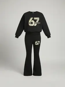 Girls' Retro Cool Letter Number Sweatshirt and Bell Bottoms Set, Vintage Gradient Texture, Casual Breathable Comfort, All Seasons