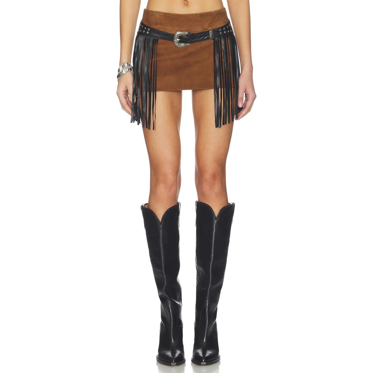 LAMARQUE Shann Belted Micro Suede Skirt in Distressed Cognac