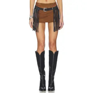 LAMARQUE Shann Belted Micro Suede Skirt in Distressed Cognac