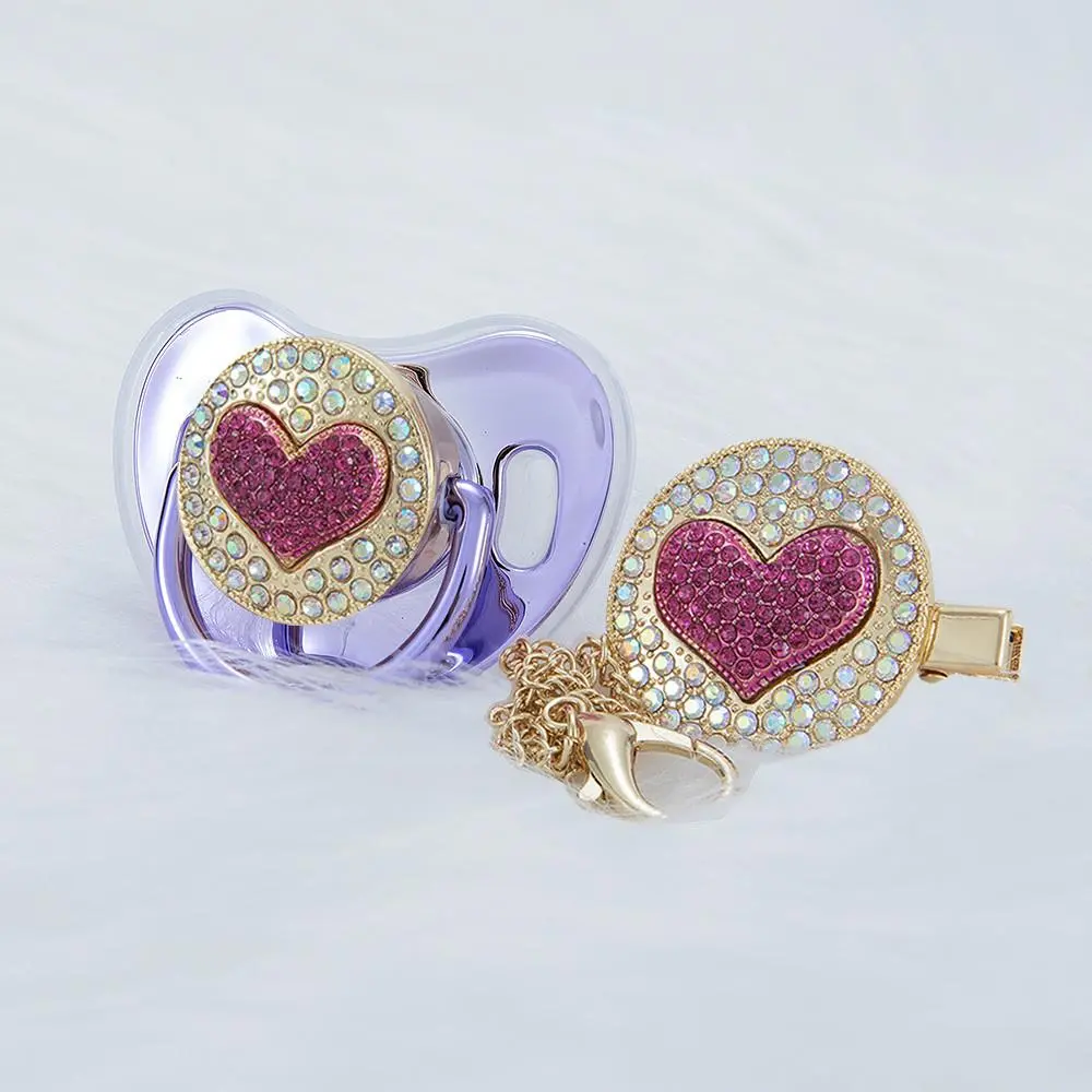 MIYOCAR Handmade Bling 3D Sweet Heart Pacifier & Clip Set – Luxury Baby Gift for Girls | Keepsake, Baby Shower, First Birthday