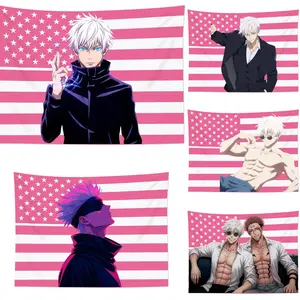 Gojo Pink American Flag Action JJK Anime Tapestry - Muscular Dark Fantasy Swordsman Aesthetic - Otaku Bedroom Dorm Decor Wall Banner