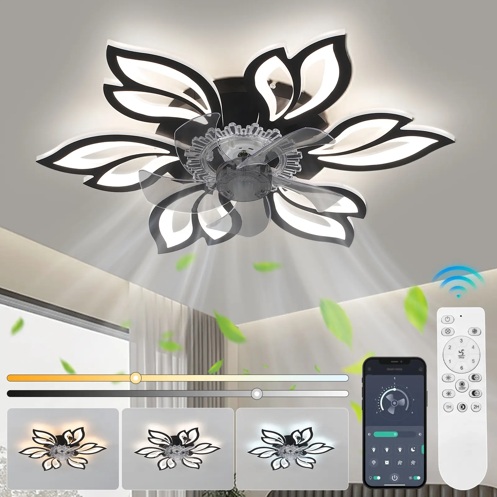 28-in LED Ceiling Fan Lamp with Decorative Atmosphere Lighting, 11.81-in Blade Diameter, 6-Speed Adjustment, Infinite 3-Color Dimming, APP Control, All-Copper DC Motor, Smart Control Lighting Accessories, Dimmable Lighting for Bedroom, Living Room