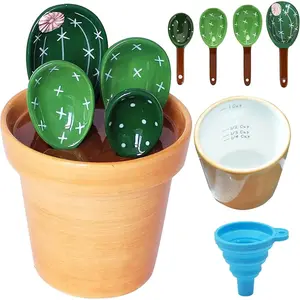 Cactus Measuring Spoons Set in Pot  Measuring Cups and Spoons for Coffee Salt Sugar Novelty Cute Baking Gifts Dishwasher Safe Ceramic Measuring Spoons Green