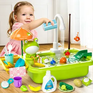 Kids Play Sink with Running Water, Electric Faucet Kitchen Sink Toy, Pretend Play Kitchen Accessories, Floating Pool Toys & Fishing Game, Dishwasher Play Set for Toddlers Boys Girls