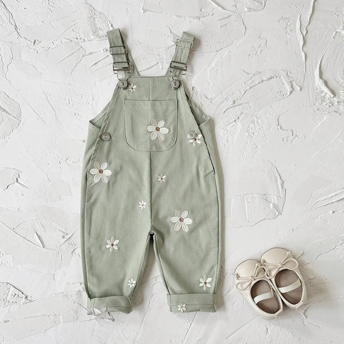 Toddler Girl's Spring-Autumn Floral Embroidery Green Loose Comfortable Outdoor Suspender Pants - Adjustable Straps, Baby Clothes Girl, 1-Piece Bodysuit (1 Pant; No Inner Wear, Shoes, Hats, Accessories Included) for Sweet Look, Toddler Outfit