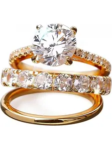 3pcs Half Eternity Band Stackable Chunky Rings Sets,Trendy 14K Gold Plated Bright Round cut CZ Ring Statement Thumb Rings for Women Dainty Jewelry Size 6-10