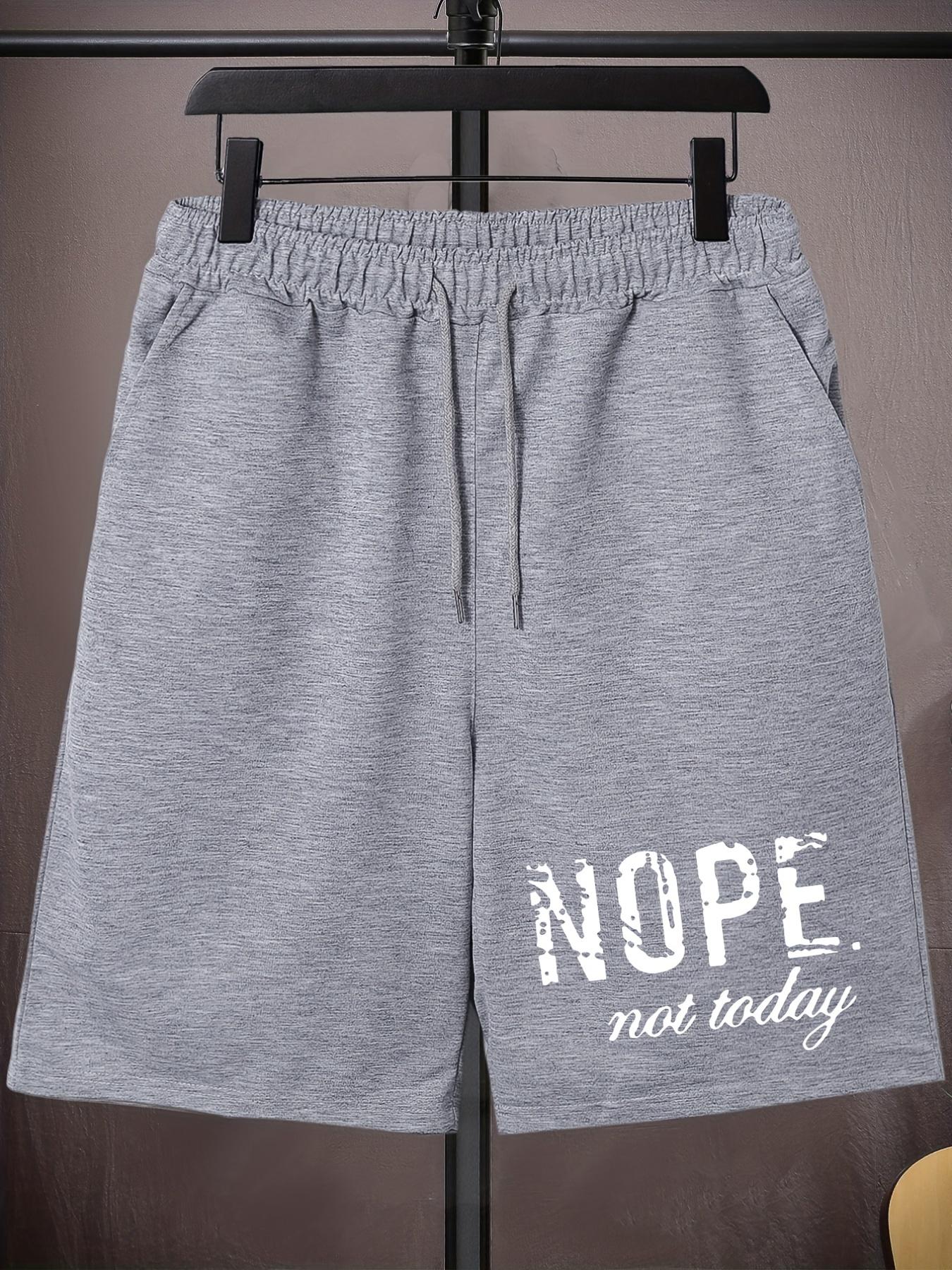 Men'S Plus Size Casual Shorts, "NOPE not today" Print, Polyester 100%, Medium Stretch Knit Fabric, Drawstring, Regular Fit, 200g/m², Oversized Elastic Sports Pants for Big & Tall Guys - Spring/Summer