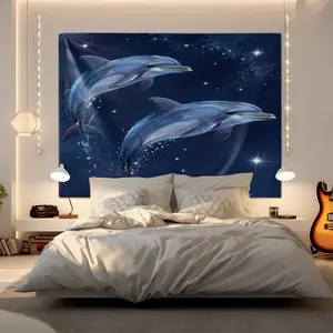 Dreamy Starry Sky Dolphin Printed Tapestry, Ocean-Inspired Wall Hanging for Bedroom Headboard, Decorative Fabric Poster for Living Room, Machine-Washable Wall Art, the Perfect Gift for Ocean Animal Lovers.