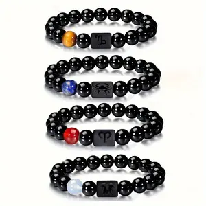 1pc Zodiac Sign Beaded Bracelet - Black Stone Stretch Charm Bracelet with Planet & Spider Charms, Bohemian Style, Perfect Gift for Men & Women, Leo