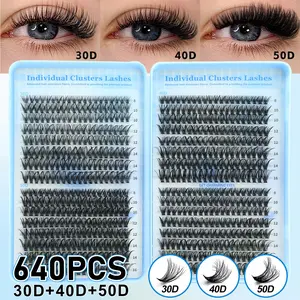 640 Cluster False Eyelash Set, Natural Lightweight Dense Look, D Curl Mixed Length, Non-Toxic, Suitable for Women and Girls, Individual Lashes Cluster, Natural False Eyelashes