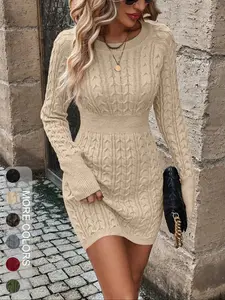 Women's Fall Winter Fashion Bodycon Slim Round Neck Knit Sweater Dress, Casual Elegant Long Sleeve Midi Dress for Home Office Outdoor