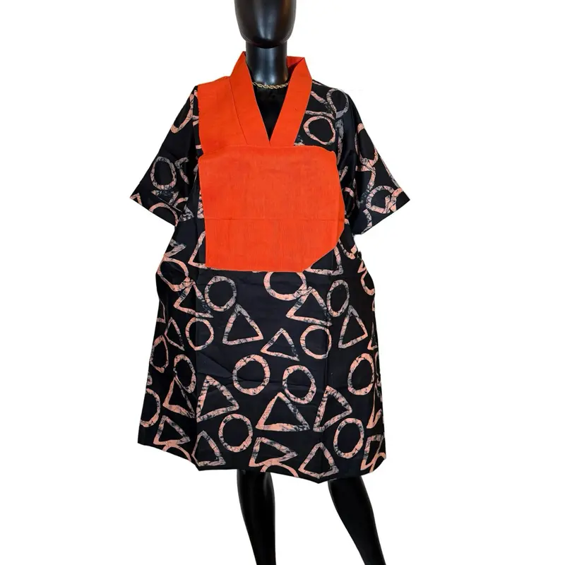 Women's Royal X MK Ankara & Asoke Short Boubou Dresses with Pockets, Stylish Geometric Print, Orange Contrast - Lady's Casual Basic Fashion Ladies Clothes
