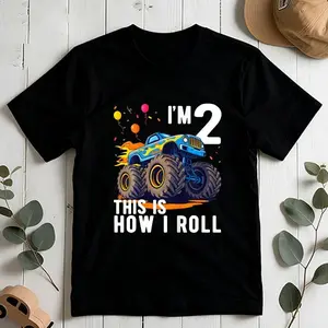 Kids Birthday Monster Truck Old Boy 2Nd Birthday Party Black & White T-shirt for Kids, 100% Cotton, Soft Blend, Soft Touch, Modern Fit, Trendy Tee, Core T-Shirt, Soft Tee