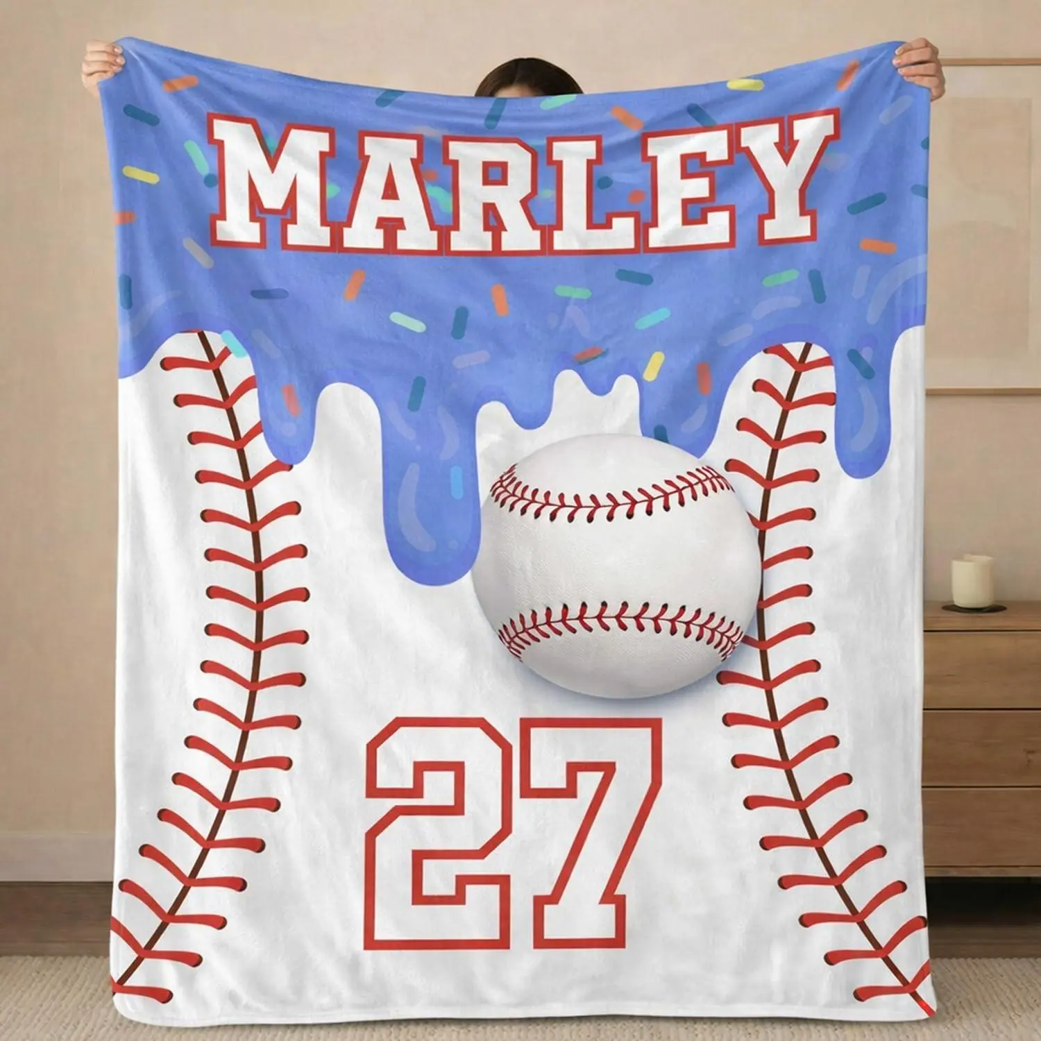 Personalized Baseball Blanket - Custom Name & Number, Baseball Player Silhouette, Crack Through Baseball Design, Soft Cozy Throw for Sports Fans, for Baseball Lovers/2