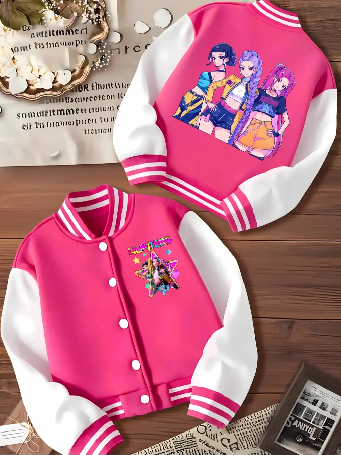 Girls Short Baseball Jacket with Cartoon Design, Fitted Activewear for Kids, Elastic Fabric for Fall & Winter, Trendy School Uniform for Halloween, Te