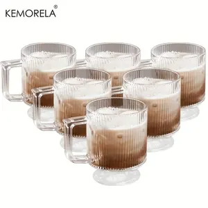 Glass Coffee Cup Set, 2/4/6 Counts Clear Ribbed Cup with Handle, Reusable Vintage Glassware for Hot/Cold Drinks, Tea Cup, Bottles