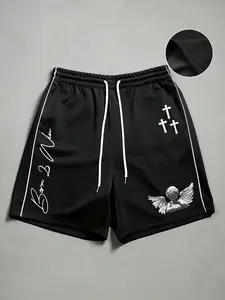 Men's Oversized 'Born 2 Win' Cherub & Cross Drawstring Shorts | Christian Streetwear | Gothic Aesthetic | Premium Mesh Athletic Shorts