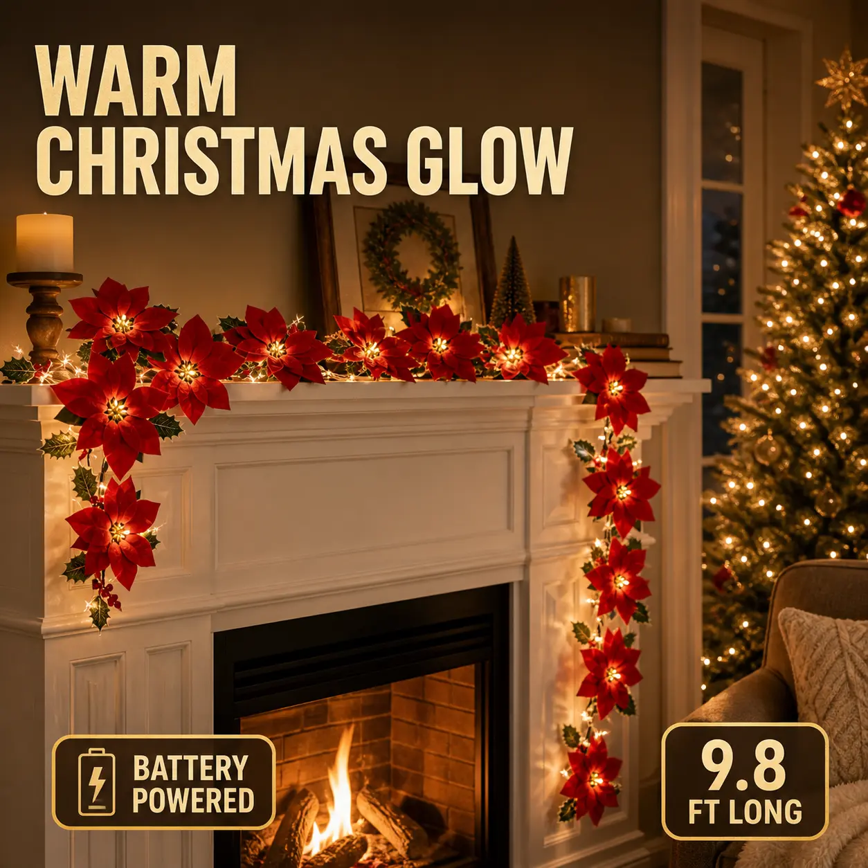 Christmas Flower String Lights with Red Poinsettia Flowers & Holly Berries, Warm LED Holiday Lights for Fireplace Mantel, Staircase, Christmas Tree and Home Decor