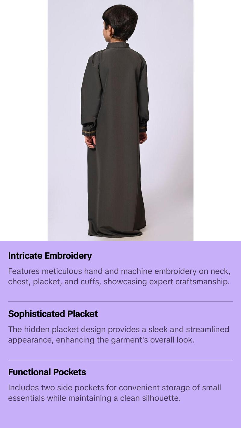 Handcrafted Elegance: Traditional Boy's Grey Thobe with Intricate Details - Final Sale Handcrafted Elegance: Traditional Boy's Grey Thobe with Intricate Details - Final Sale