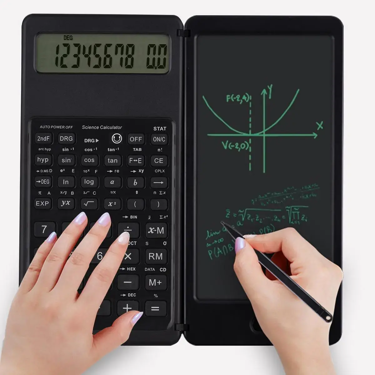 Solar energy foldable scientific calculator featuring a large 10-digit display, a reusable writing pad, and a mini stylus; this portable calculator is suitable for calculus studies and a variety of settings, including home, school