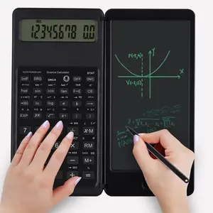 Solar energy foldable scientific calculator featuring a large 10-digit display, a reusable writing pad, and a mini stylus; this portable calculator is suitable for calculus studies and a variety of settings, including home, school