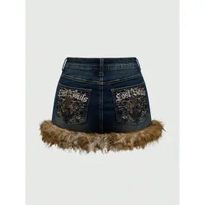 Plus Size Leopard Print Embroidery And Rhinestone Patchwork Fluffy Denim Mini Skirt