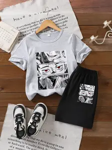 Boys Summer Short Sleeve ''jujutsu Kaisen Curse King Two-Faced Sukuna' Print T-Shirt Shorts Set [3-12 Years], Casual Fitted Suit
