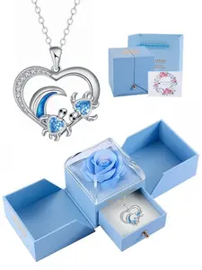 Sea Heart Turtle Silver Necklace Unique and elegant heart-shaped sea turtle pendant necklace with sparkling diamonds, Trendy Jewelry.With surprise double-door preserved rose jewelry gift box.Ideal gift for birthdays, Mother's Day and Valentine's Day.
